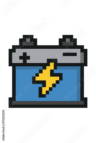 Car battery pixel art icon. 8 bit vehicle accumulator symbol with plus, minus and lightning bolt sign. Energy power source concept. Retro gaming asset. Vector illustration.