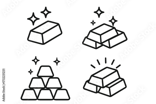 Gold bar line icon collection. Financial success and wealth symbol. Stacked bullion and precious metal ingot treasure. Vector outline illustration for banking and investment.
