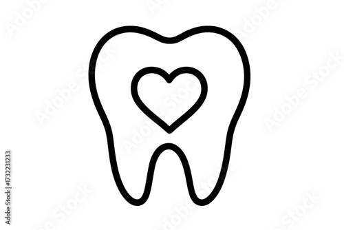 Dental care icon. Love your teeth concept. Healthy tooth with heart symbol. Vector line illustration for dentistry, stomatology, clinic logo. Oral hygiene and protection.