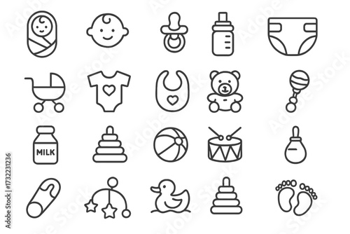 Newborn baby line icon set. Childcare and motherhood concept. Vector symbols for feeding, toys, clothes. Baby shower pictogram collection. Editable stroke for web and app.