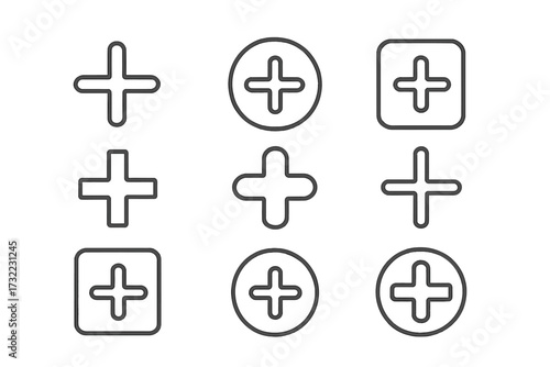 Plus sign line icon set. Add, more, positive, expand outline symbols. Vector icon pack for graphic and web design, apps, UI, UX. Cross shape, zoom in, plus button collection.