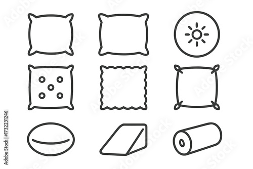 Pillow and cushion outline icon set. Vector line art collection for sleep, comfort, and home decor. Simple bedding and furniture symbols for web design. Editable stroke.