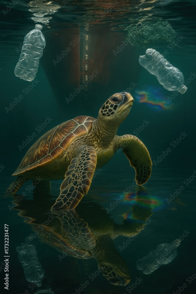 Fototapeta premium Sea turtle swimming beneath polluted harbor water with floating plastic bottles