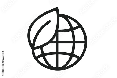 Eco friendly planet globe with leaf outline icon, environmental conservation symbol, sustainability concept, nature inspired earth graphic, clean line vector illustration for design, apps, web banners