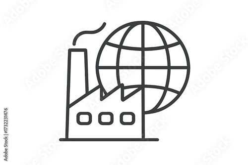 Factory industrial emissions global impact. Simple outline icon. Air pollution, world environment issues, globalization. Minimalistic vector illustration for web, apps, banner, social media graphics.