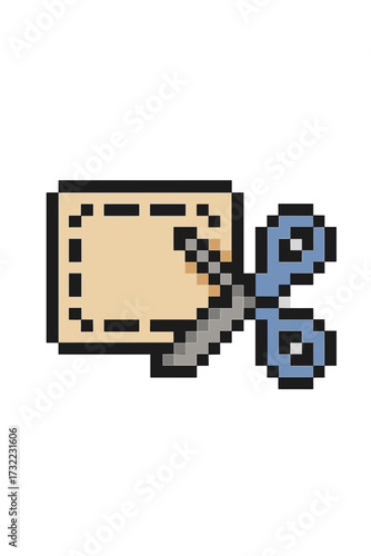 Pixel art icon of hand with scissors cutting along dotted line. 8-bit retro video game style. Concept for coupon, voucher, discount, crafting, DIY project, or cut here symbol.