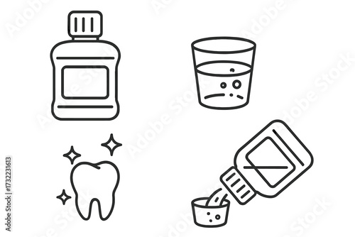 Mouthwash bottle, rinse cup, sparkling tooth, and mouthwash pouring icons. Oral hygiene, dental care concept, clean teeth, fresh breath, vector set. Isolated line art for apps and graphics.