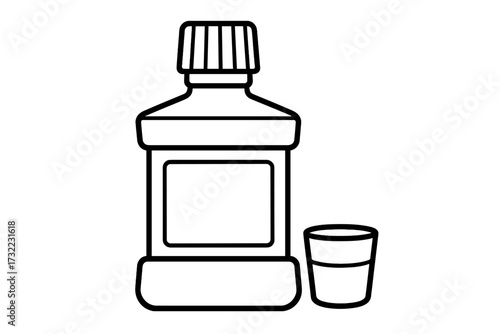 Mouthwash bottle with measuring cup, hygiene dental care tool, outline vector illustration for medical graphics, oral health concept, isolated icon, transparent background, stock design, cartoon style