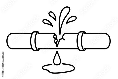 Broken pipe water leak vector illustration, plumbing repair emergency concept, pipe burst outline drawing, leaking pipe problem, maintenance service, cartoon graphic resource, transparent background