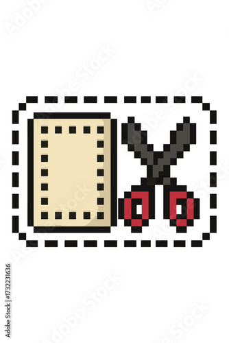 Pixel art icon of video editing. Film strip and scissors for cutting movie frames. Cinema production and post-production concept. 8-bit retro style cut symbol for montage.
