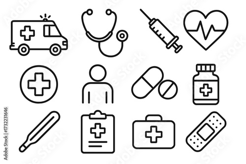 Medical Outline Icon Set, Ambulance, Stethoscope, Syringe, Heart, Pills, Bandage, Medicine Bottle, Thermometer, Patient, Clipboard, First Aid Box, Healthcare Emergency Vector Design