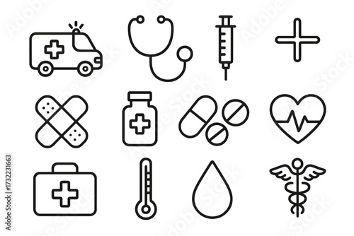 Medical outline icon set, ambulance, stethoscope, syringe, heart rate, medicine bottle, pills, first aid, bandage, caduceus, medical cross, thermometer, blood drop, healthcare symbols, emergency