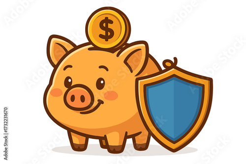 Piggy bank with gold coin, financial protection shield, savings security, insurance investment, safe deposit cartoon mascot, money safety icon, wealth protection isolated vector illustration