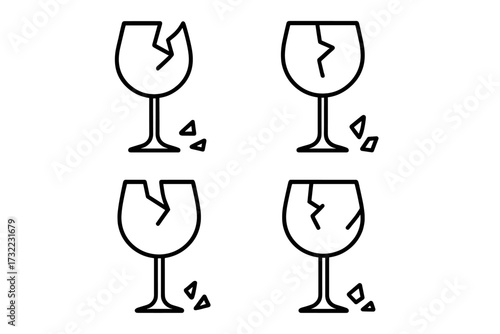 Set of broken wine glass line icons. Shattered fragile glassware symbol for warning or package handling. Minimalist vector pictogram for web design, apps, and graphic use.