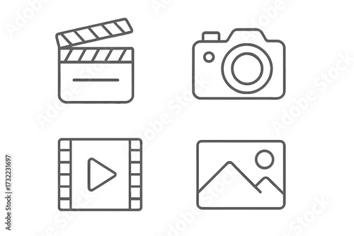 Media line icon set with clapperboard, photo camera, movie play button, and picture symbol. Thin line art pictogram with editable stroke for multimedia content and video.