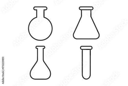 Chemistry lab equipment line icon set. Science research and experiment concept. Vector outline collection of laboratory glassware like test tube, beaker, flask. Editable stroke.