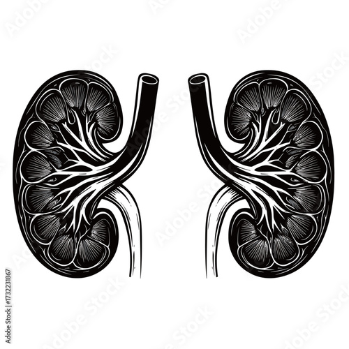 black and white silhouette of Kidneys vector on white background