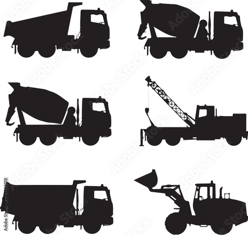 Black silhouette construction vehicles and trucks dump truck