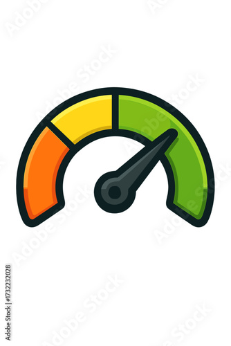 Speedometer gauge for performance measurement. Vector icon indicator for speed, power, and efficiency level. Concept for dashboard, fast rating, risk meter, and credit score.