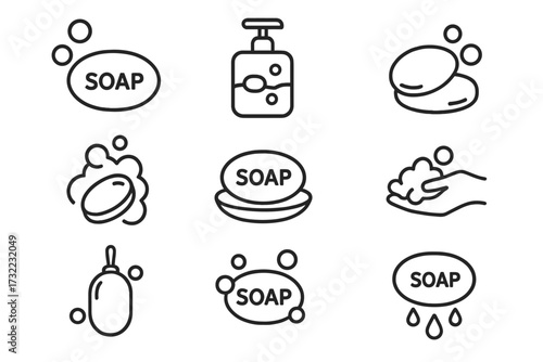 Minimalistic soap icons set for web, graphic design, apps, banners, social media, cards. Cartoon outline illustration of bar soap, liquid soap, bubbles, handwashing, hygiene clean concept vector.