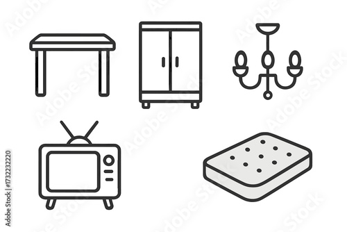 Furniture line icon set. Home essentials collection. Table, closet, chandelier, retro tv, mattress icons. Simple outline symbols with editable stroke for web and print.
