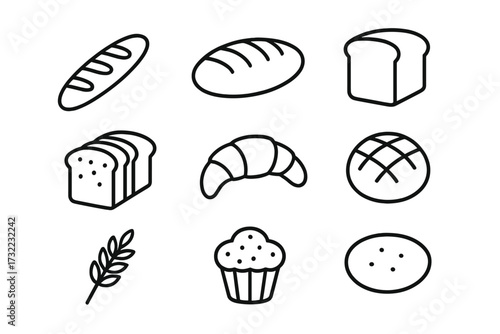 Fresh bakery bread icons set. Minimalistic linear style pictogram vector illustration for web design, graphic resources, apps, banners, social networks, recipe cards. Wheat, loaf, croissant, muffin.