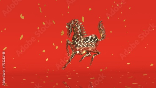 Festive 2026 Year of the Horse. Golden numbers, elegant floral horse, and auspicious symbols on a vibrant red background. Ideal for Lunar New Year and celebration designs.