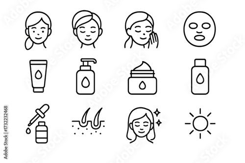 Skin care routine icons, minimalistic line set, facial cleansing, serum, moisturizer, sun protection, hair follicles, dropper bottle, lotion, cosmetic tube, healthy skin, beauty, vector illustration