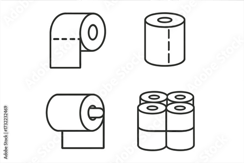 Toilet paper thin line icon set. Bathroom hygiene tissue roll and pack. Sanitary paper pictogram collection for web and apps. Vector outline symbol bundle. Editable stroke.