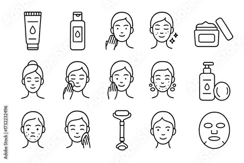 Skin care routine line icon set. Minimalist facial cleansing, skincare products, moisturizing, cream, lotion, serum, jade roller. Beauty treatment pictograms for web, apps, banners, cards, ads.