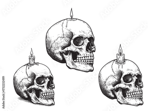 Skull Candle Vintage Engraved Spooky Halloween Illustration Isolated Vector
