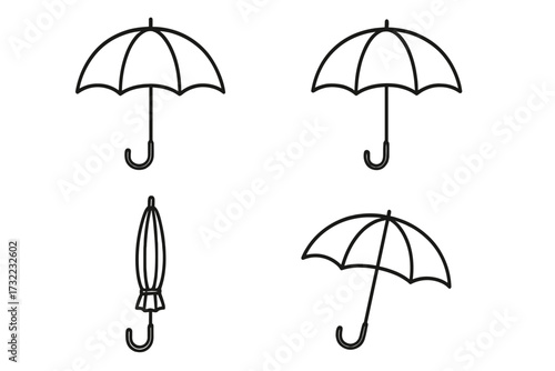 Umbrella outline icon set. Simple linear collection of open and closed umbrellas. Weather protection symbol for rain or sun. Editable stroke vector graphic for web design.