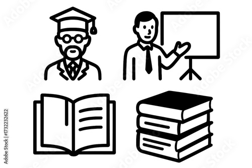 Education and university icon set. Professor, teacher, presentation board, books icons. Academic, college, graduation, school symbol. Learning, knowledge vector graphic.