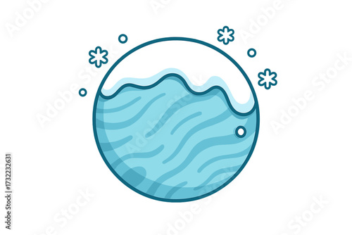Snow covered planet icon vector illustration. Frozen winter globe symbol. Cold icy celestial body. Cartoon frosty sphere with snow cap, snowflakes, blue waves. Space theme for web, app, card, book.