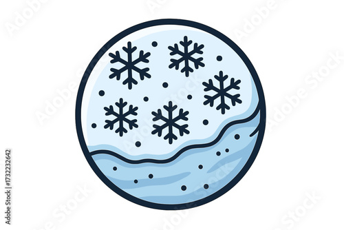Winter snow planet icon with falling snowflakes, frosty landscape, blue circle, cold weather, whimsical cartoon style vector illustration for websites, apps, cards, books, transparent background