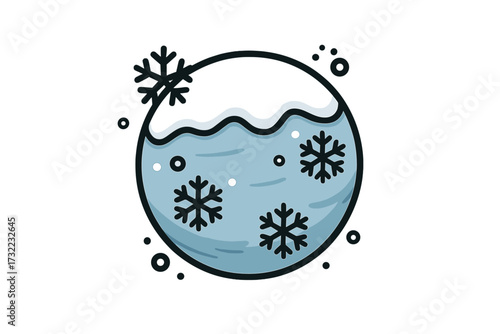 Winter planet icon with snowflakes and frost, cartoon vector illustration for web, books, greeting cards, apps. Icy globe, cold weather, seasonal design, transparent background, minimal style