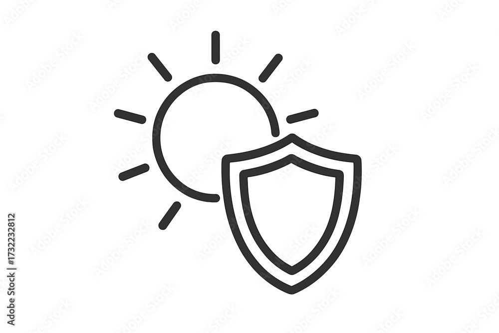 Fototapeta premium Sun protection shield icon, UV defense symbol, sun safety concept, solar rays, outline vector, graphic design element for sunscreen, summer, skin care, health, shade, security, prevention