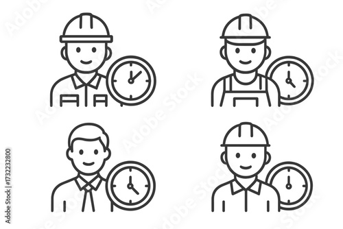 Work time icon set. Worker, employee, and businessman with clock symbol. Concept of working hours, deadline, schedule, time management. Vector linear outline simple pictogram.