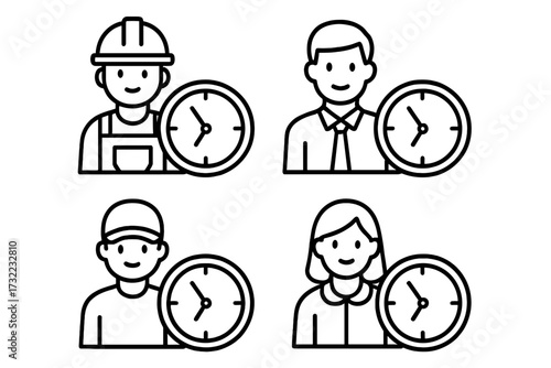 Worker with clock icon set. Time management concept. Working hours, employee schedule, deadline. Staff, people, professional person vector outline linear illustration collection.