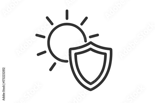 Sun protection shield icon, UV defense symbol, sun safety concept, solar rays, outline vector, graphic design element for sunscreen, summer, skin care, health, shade, security, prevention