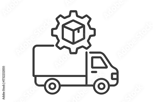 Delivery logistics truck icon with gear and package symbol, outline style vector illustration for shipping, courier, supply chain, and transportation apps on transparent background