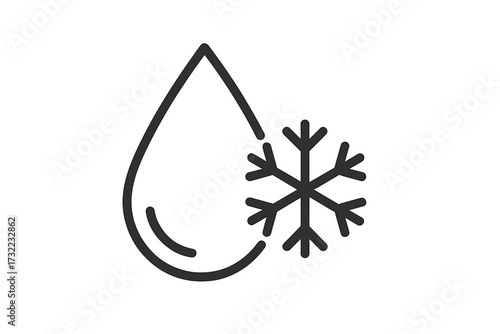 Minimalist outline icon of water drop with snowflake symbol, cold climate temperature, weather forecast, refrigeration system, freezing, humidity, cool air conditioner, vector illustration isolated