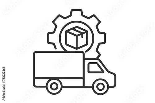 Logistics delivery truck with package, shipping management symbol, cargo transport services, supply chain, parcel box, gear icon, warehouse distribution, vector outline isolated transparent background