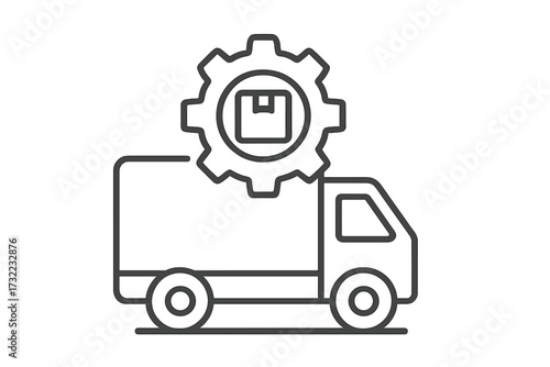 Delivery truck logistics management symbol, package box icon in cogwheel, transport automation concept, supply chain solution, outline vector, shipment service, transparent background, isolated