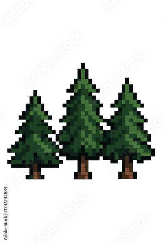 Pixel art tree set. 8 bit sprite of a pine or fir trees. Retro digital video game icon. Forest nature symbol for winter or christmas. Isolated vector illustration graphic.