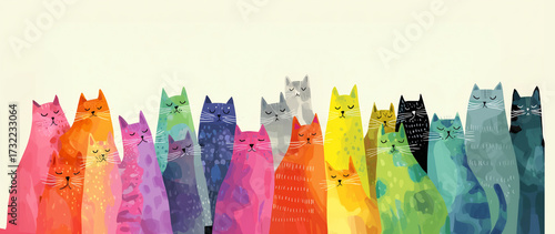cats positive vibration wallpaper with group of abstract, colorful cartoon cats looking directly; funny animal illustration; counting pets concept; copy space