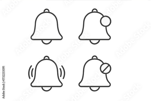 Notification bell icon set. Alert, reminder, and muted notification vector icons. Editable stroke. Minimal linear design. Web, mobile UI. Transparent background. Modern stock illustration.