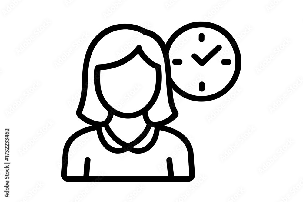 Fototapeta premium Woman standing by large clock outline icon with transparent background, vector cartoon illustration for graphic design, web apps, advertising, and various cards, time management concept