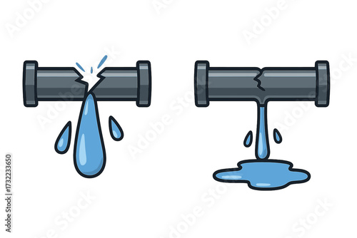 Minimalistic broken pipe icon with water leak, plumbing repair concept, vector cartoon illustration, transparent background, simple graphic design for apps and websites