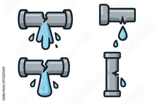 Broken water pipe leaking icon set, minimalistic cartoon vector illustration, plumbing disaster, cracked steel pipeline emergency, flood, infrastructure, repair service concept, transparent background